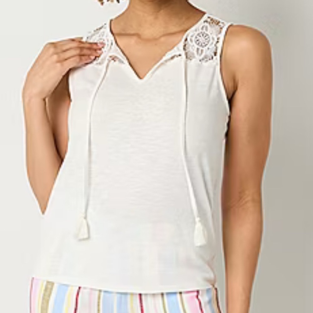 Frye & Co Split Tie Neck Sleeveless Tank Top Sz Large Snow White NWOT